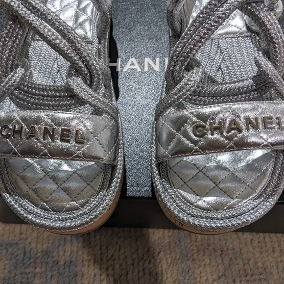 šSOLD CHANELš¤©20S CC Lambskin Cord Rope Logo Dad Sandals in Silver Sz 39 - Picture 6 of 16